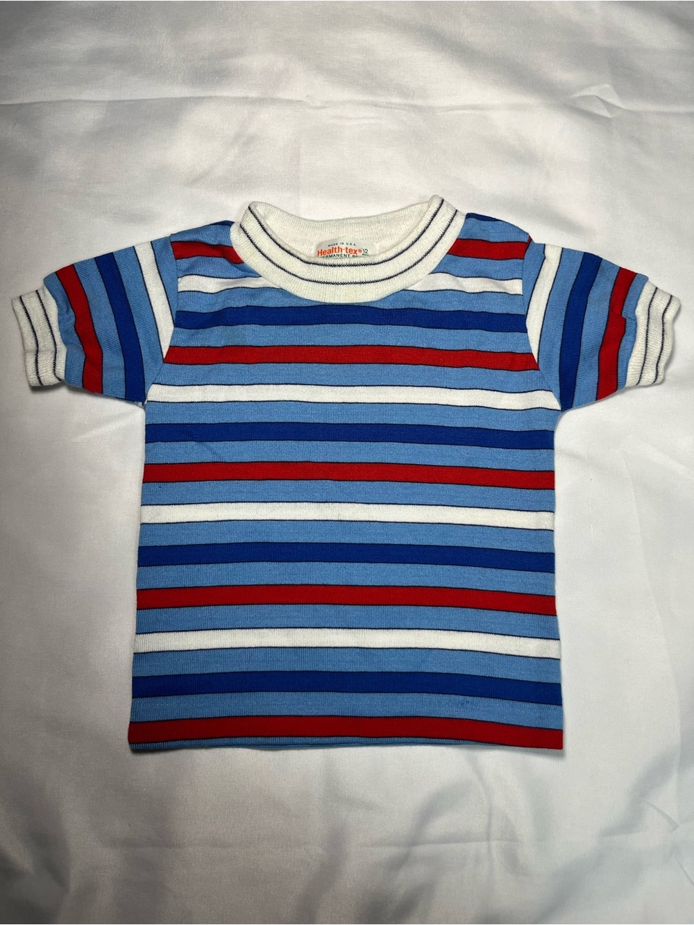 Vintage 1960s Health-Tex Toddler Shirt 12M Blue Red Striped Short Sleeve Retro